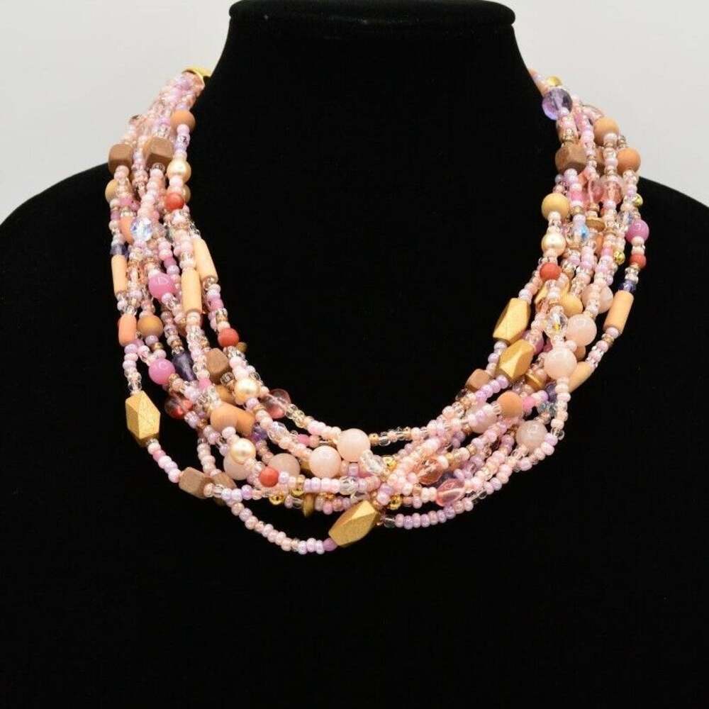 Joan Rivers Vintage Necklace Pink Gold Brushed Multi-Strand Beaded Signed Bin1